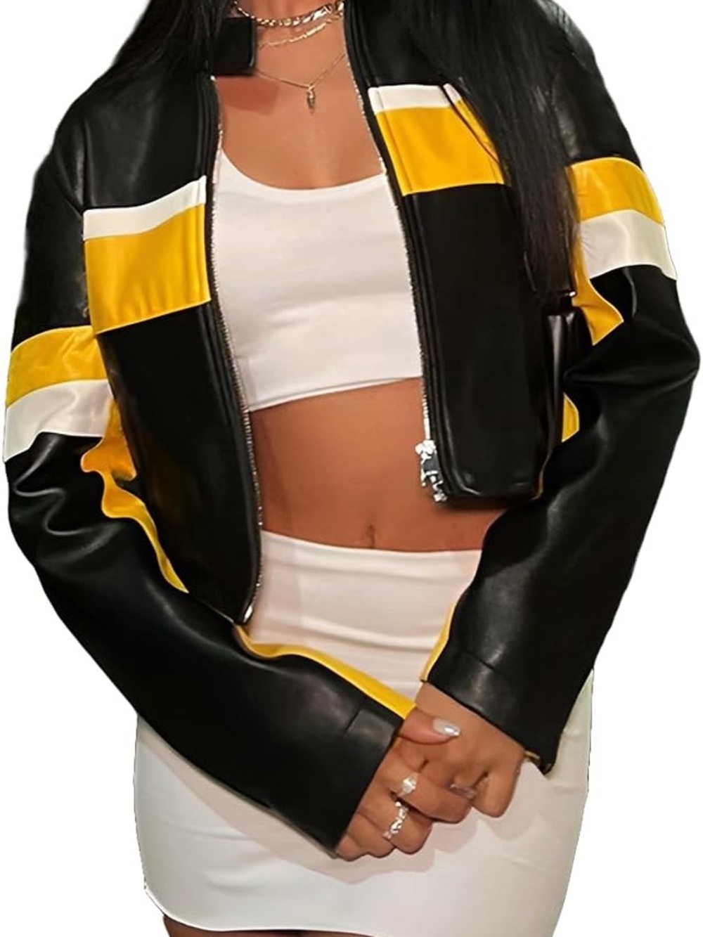 Black & Yellow Faux Leather Crop Jacket - Women